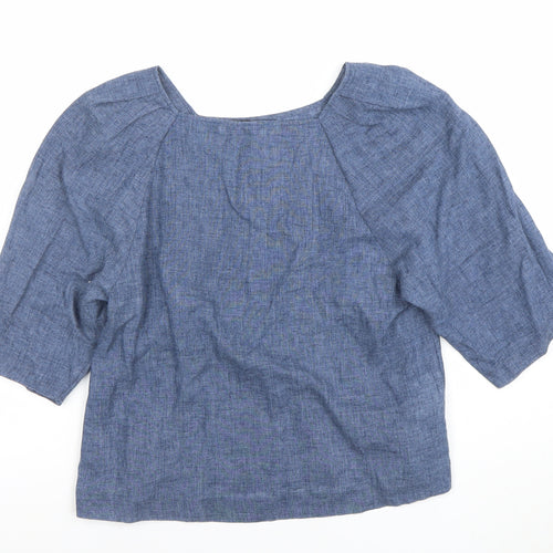 Mango Women Blue Linen Blend 3/4 Sleeve Boat Neck Blouse Size 8