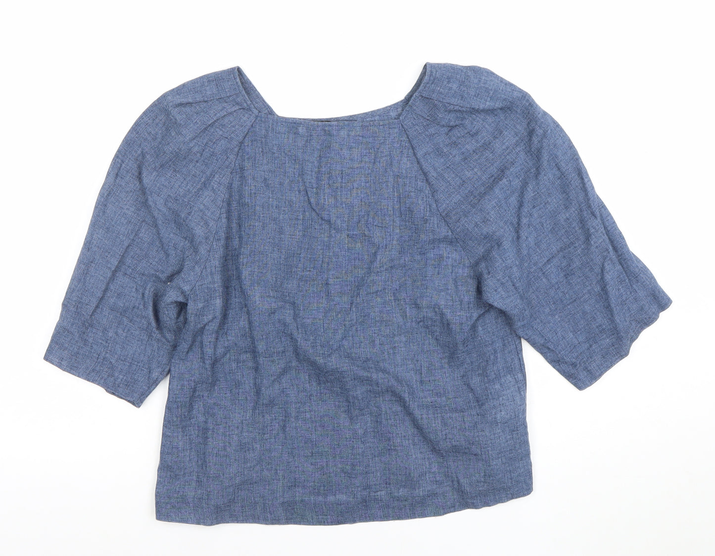 Mango Women Blue Linen Blend 3/4 Sleeve Boat Neck Blouse Size 8