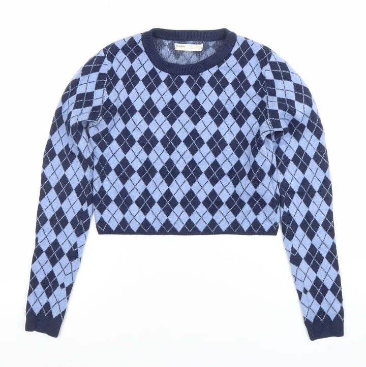 Pull & Bear Women's Blue Argyle Knit Crew Neck Jumper Size 10