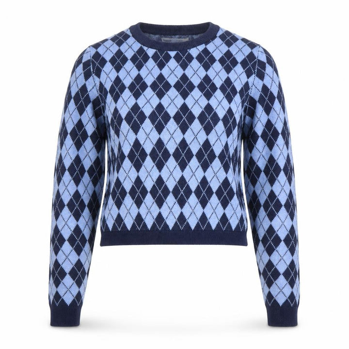 Pull&Bear Women's Blue Argyle Knit Crew Neck Jumper Size 10