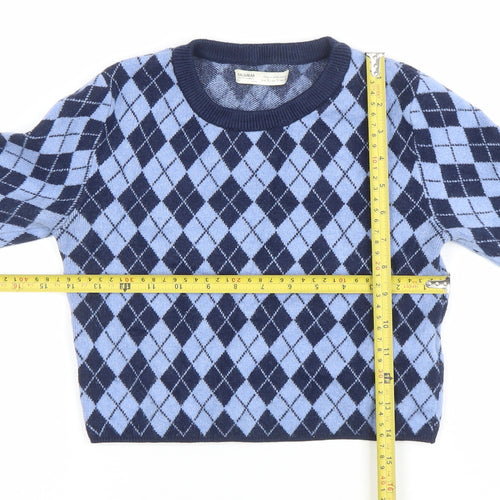Pull & Bear Women's Blue Argyle Knit Crew Neck Jumper Size 10