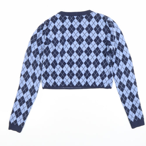 Pull & Bear Women's Blue Argyle Knit Crew Neck Jumper Size 10