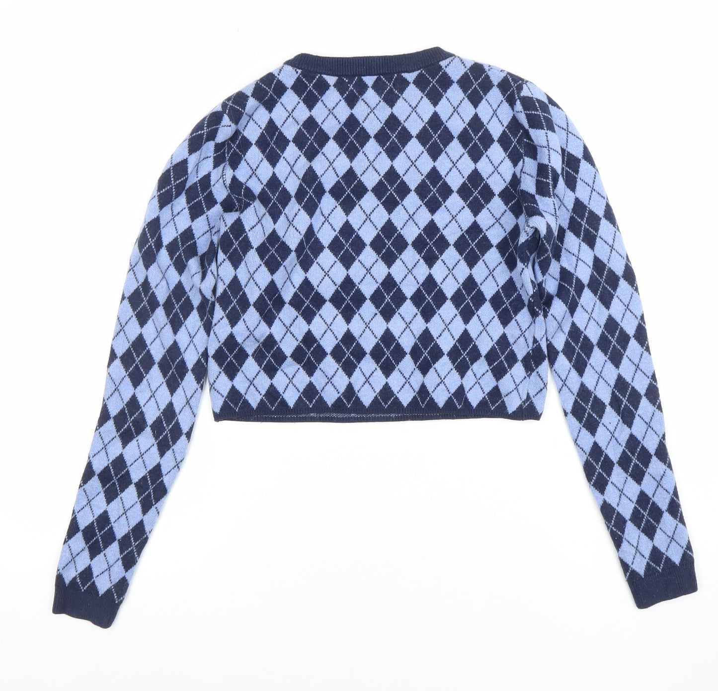 Pull & Bear Women's Blue Argyle Knit Crew Neck Jumper Size 10