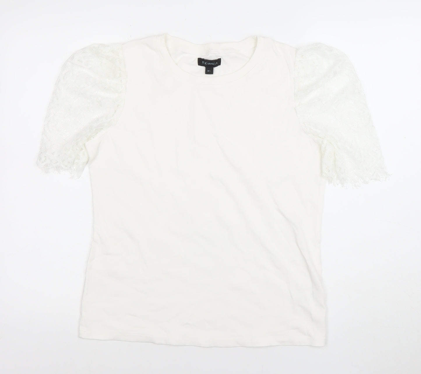 Blue Vanilla Women's White Lace Puff Sleeve Cotton T-Shirt Size L