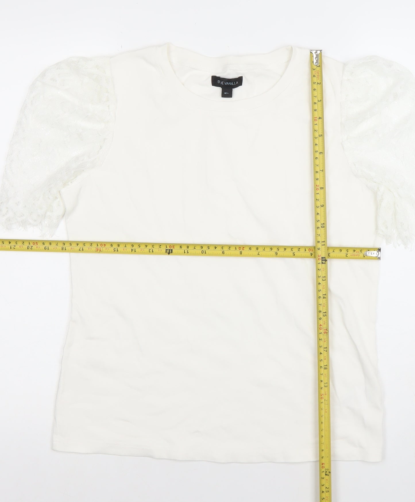 Blue Vanilla Women's White Lace Puff Sleeve Cotton T-Shirt Size L