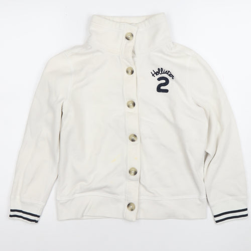 Hollister Girls White L Button Cardigan Sweatshirt High Neck Logo Top