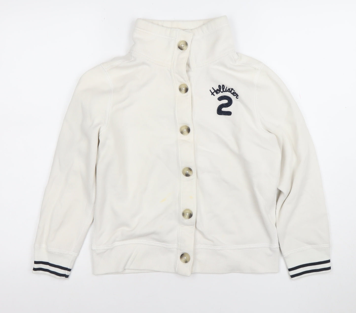 Hollister Girls White L Button Cardigan Sweatshirt High Neck Logo Top