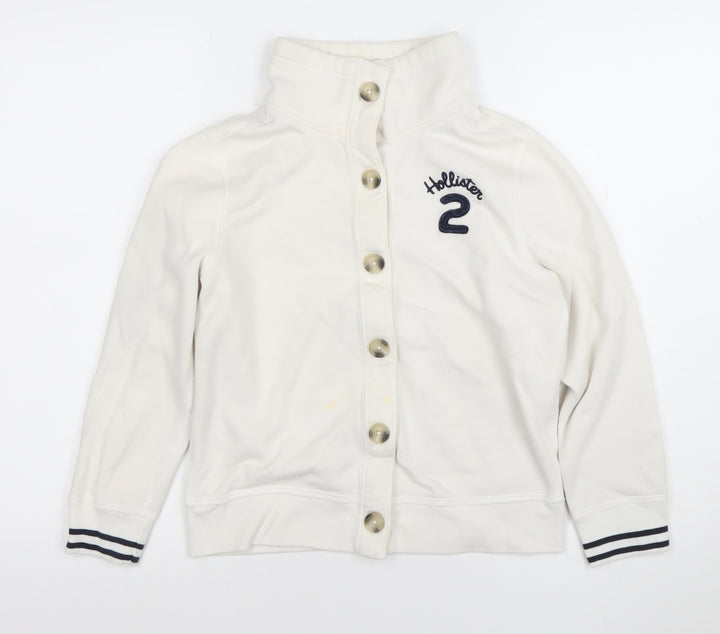 Hollister Girls White L Button Cardigan Sweatshirt High Neck Logo Top