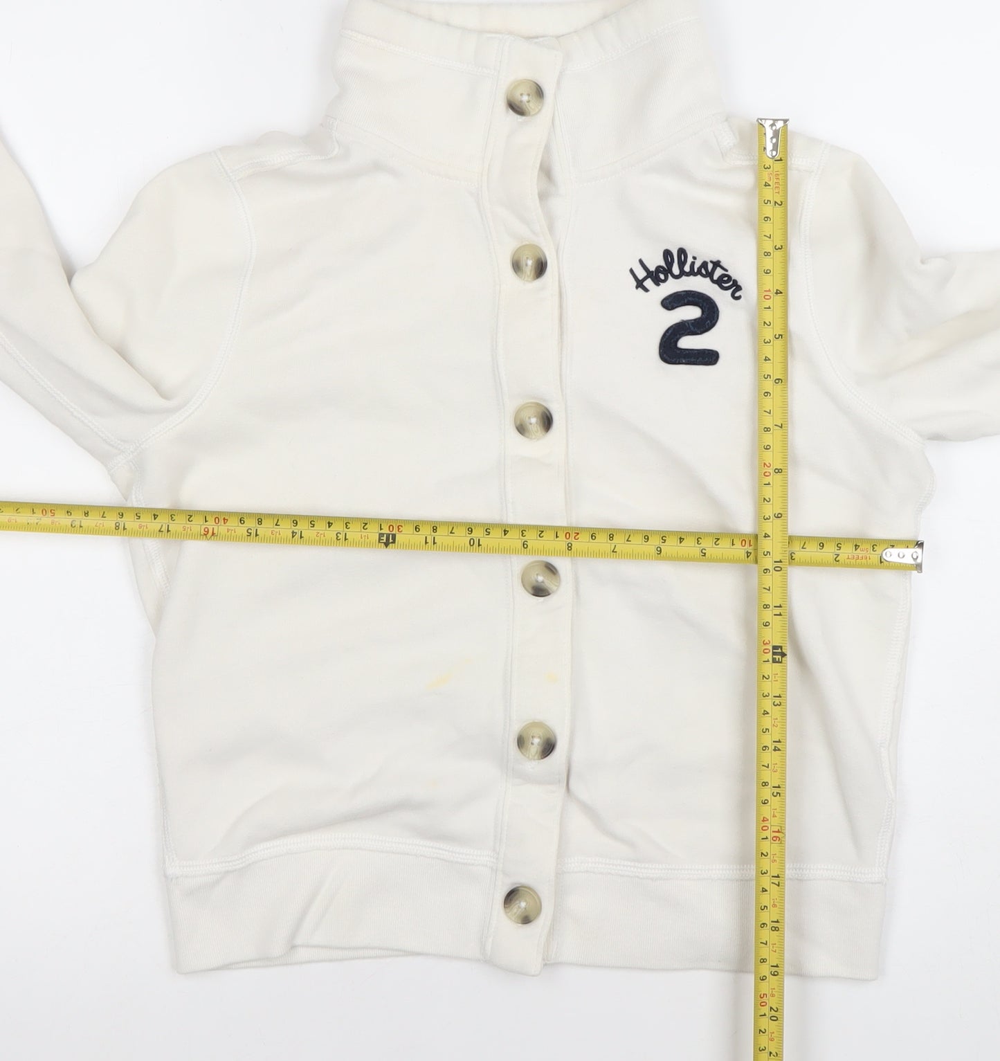 Hollister Girls White L Button Cardigan Sweatshirt High Neck Logo Top