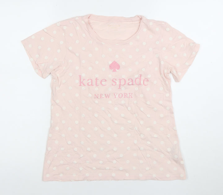 Kate Spade Women Pink Polka Dot Crew Neck Cotton T-Shirt Size S