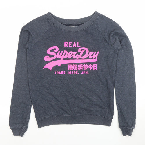 Superdry Womens Grey Pullover Sweatshirt Size S Logo Print Crew Neck