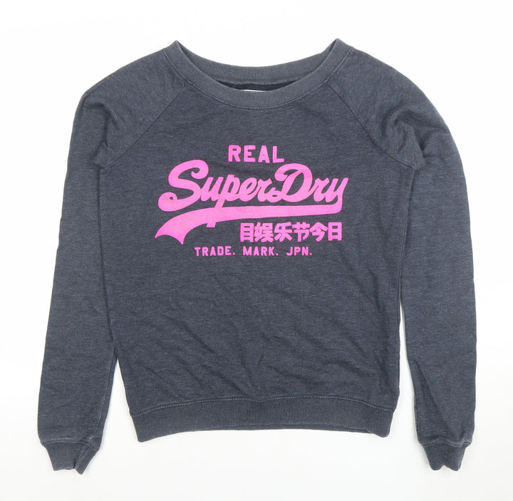 Superdry Womens Grey Pullover Sweatshirt Size S Logo Print Crew Neck