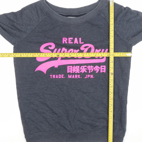 Superdry Womens Grey Pullover Sweatshirt Size S Logo Print Crew Neck