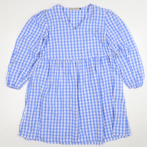 Rowen Avenue Women's Blue Check V-Neck Long Sleeve Shift Dress Size S