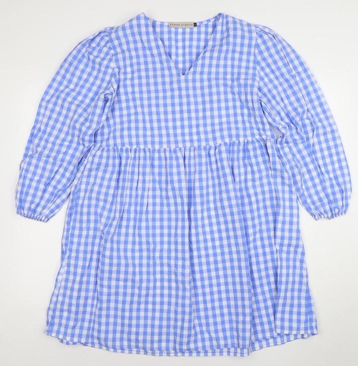 Rowen Avenue Women's Blue Check V-Neck Long Sleeve Shift Dress Size S