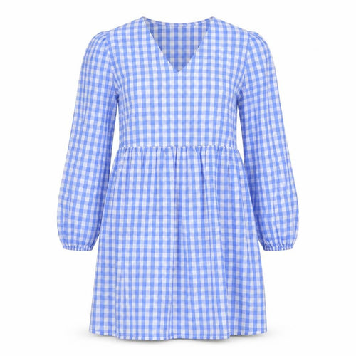 Rowen Avenue Women's Blue Check V-Neck Long Sleeve Shift Dress Size S