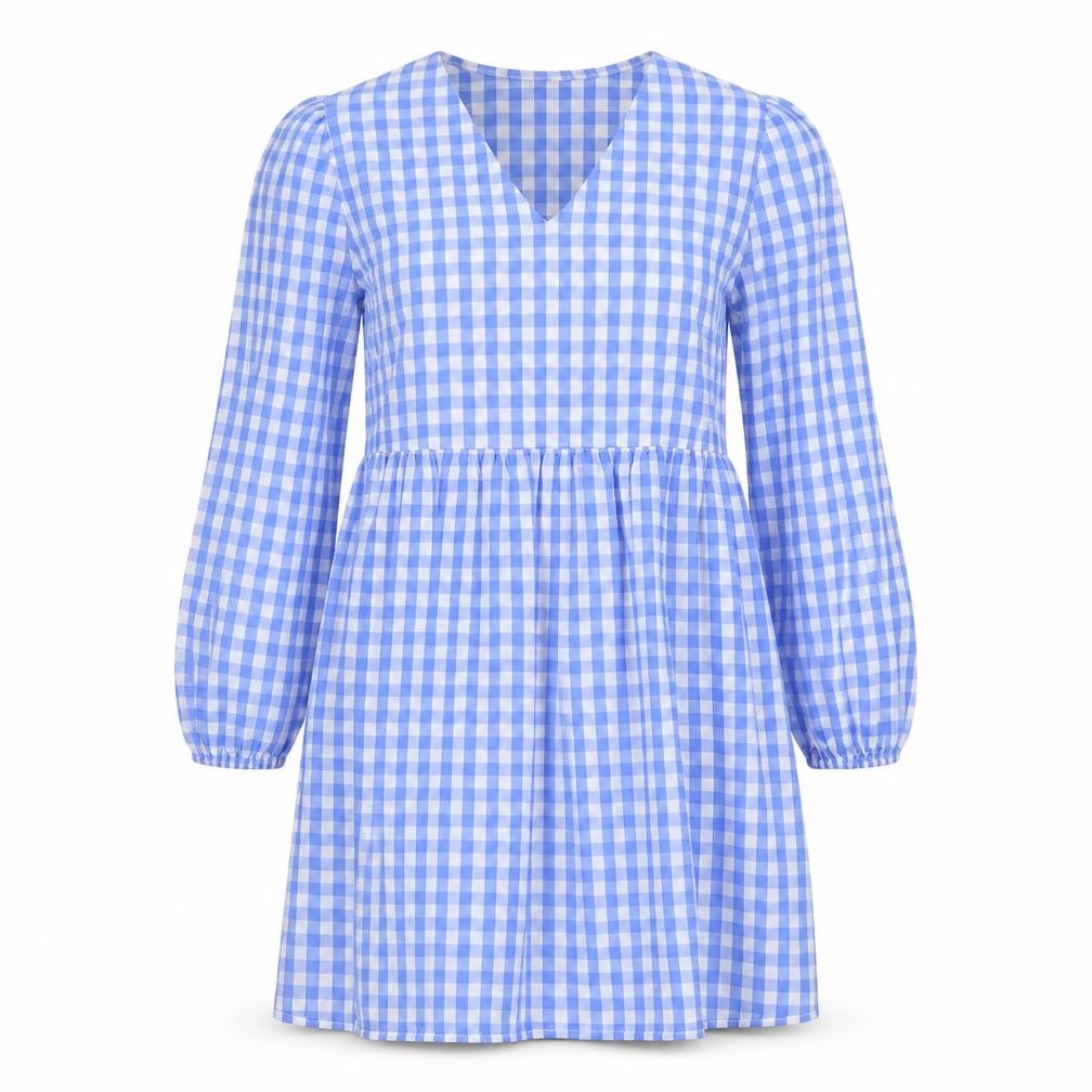 Rowen Avenue Women's Blue Check V-Neck Long Sleeve Shift Dress Size S