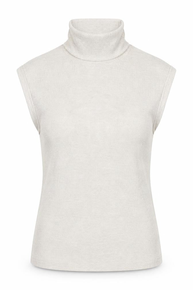 Front view of River Island women’s beige roll neck sleeveless jersey top, size UK 12