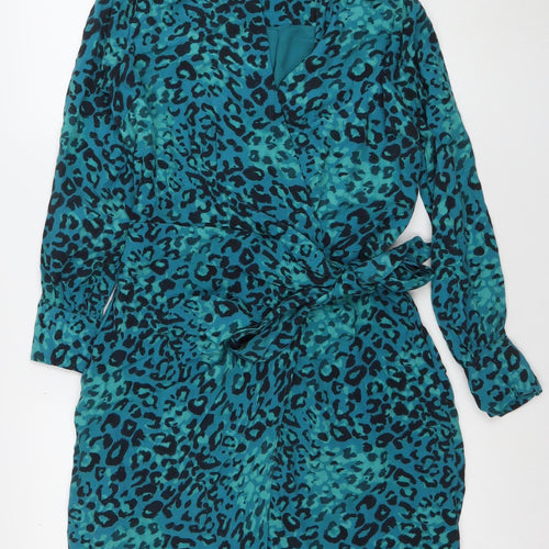 Sosandar Women’s Blue Animal Print Wrap Dress Size 10 Long Sleeve