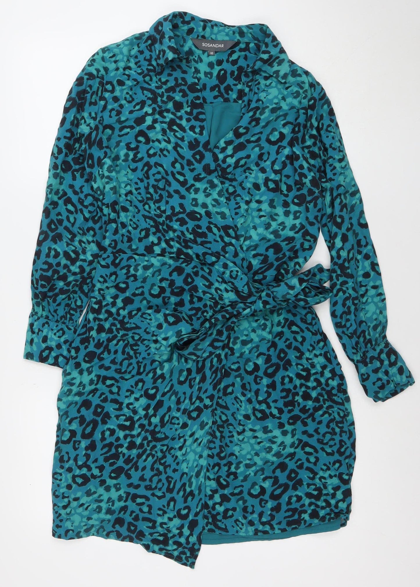 Sosandar Women’s Blue Animal Print Wrap Dress Size 10 Long Sleeve