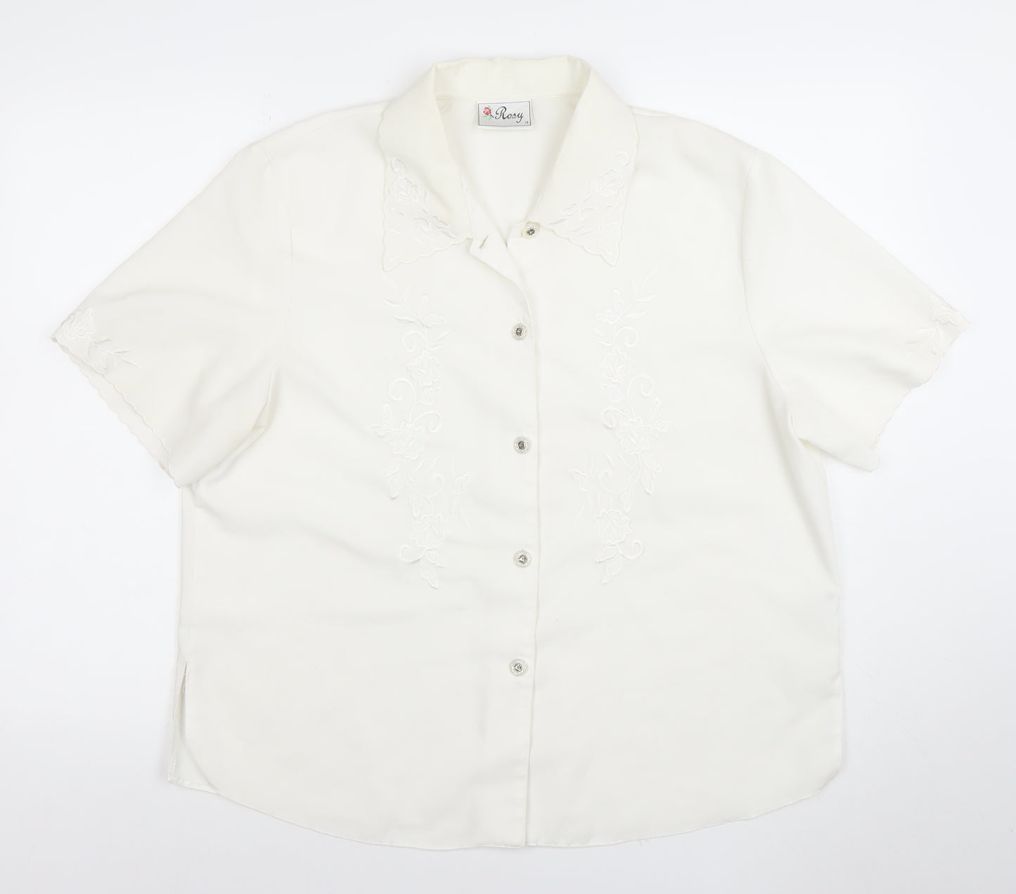 Rosay Women's White Embroidered Short Sleeve Button-Up Blouse Size 18