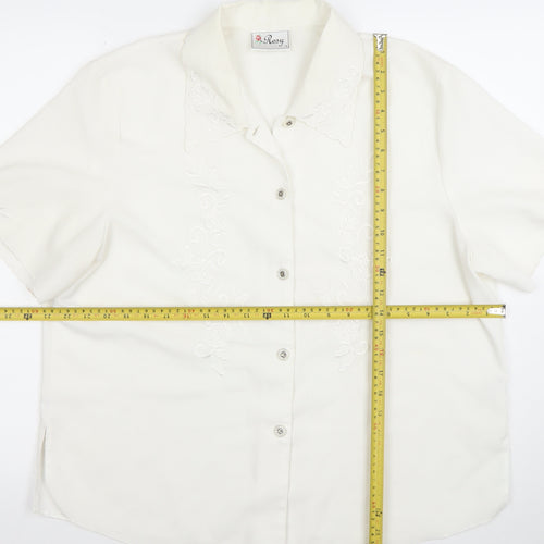 Rosay Women's White Embroidered Short Sleeve Button-Up Blouse Size 18