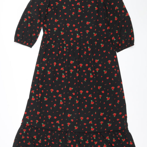 Dunnes Women’s Black Floral Midi A-Line Dress XS 3/4 Sleeve