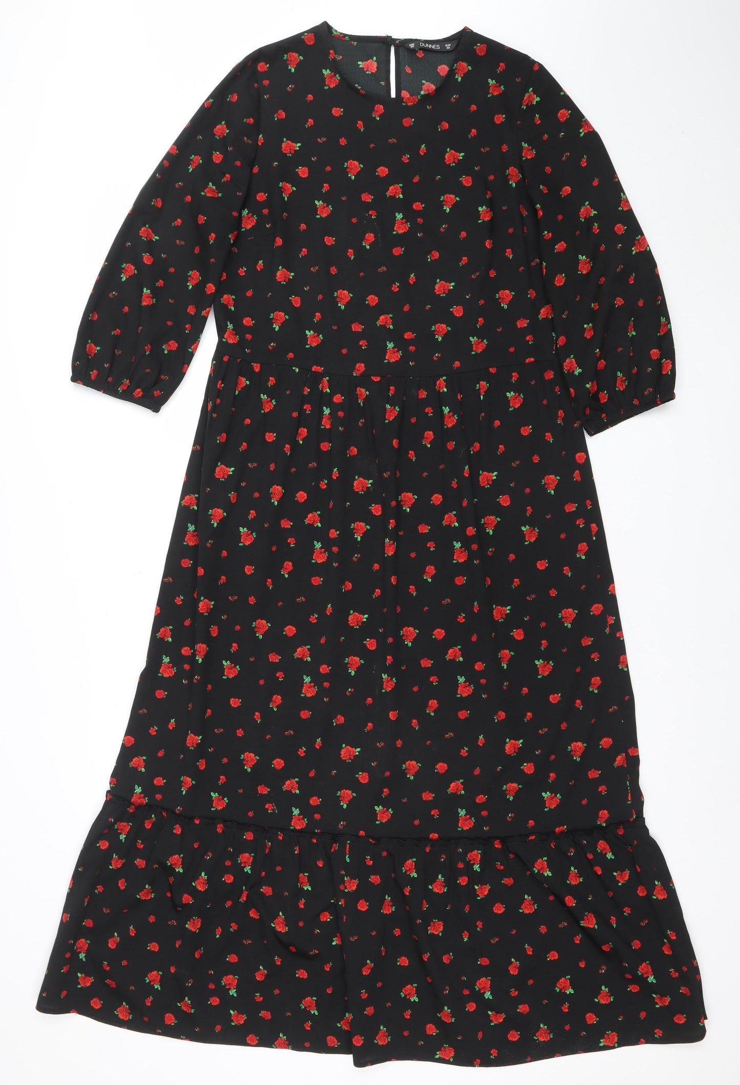 Dunnes Women’s Black Floral Midi A-Line Dress XS 3/4 Sleeve