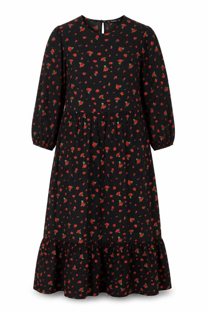 Dunnes Women’s Black Floral Midi A-Line Dress XS 3/4 Sleeve