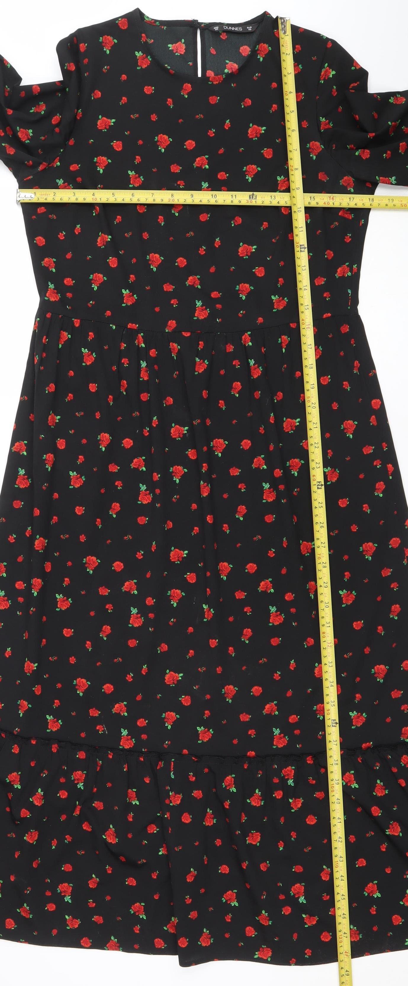 Dunnes Women’s Black Floral Midi A-Line Dress XS 3/4 Sleeve