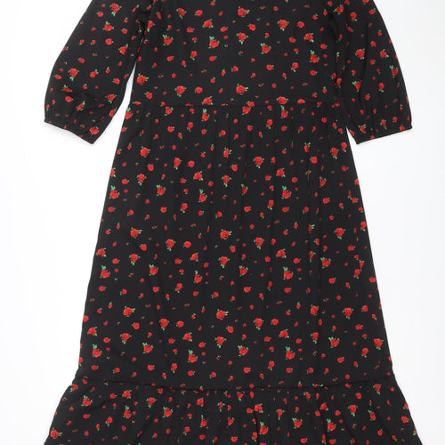 Dunnes Women’s Black Floral Midi A-Line Dress XS 3/4 Sleeve