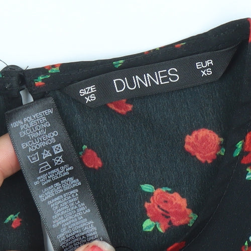 Dunnes Women’s Black Floral Midi A-Line Dress XS 3/4 Sleeve