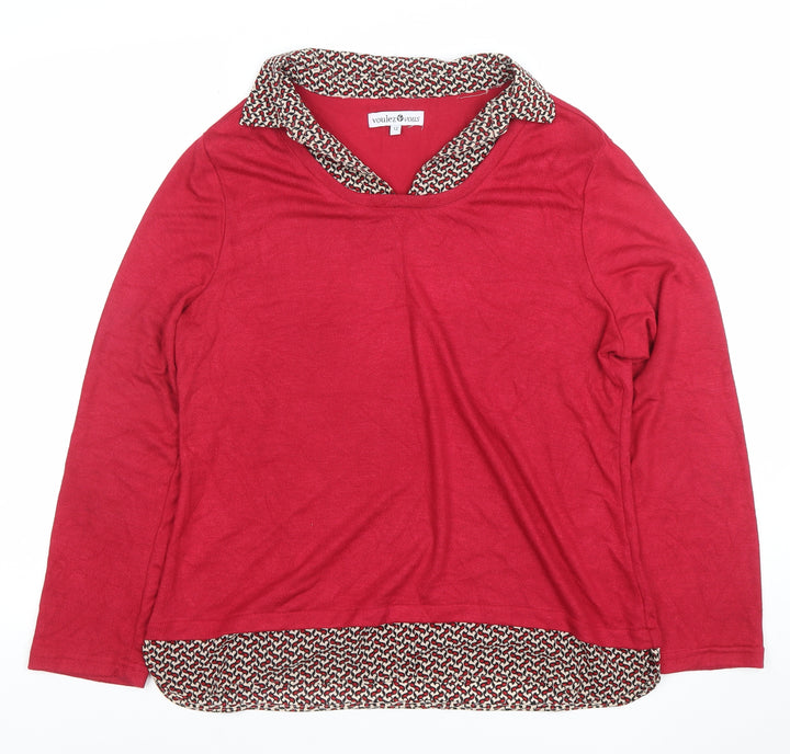 Voulez Vous Womens Red Collared Geometric Trim Long Sleeve Blouse Size 12