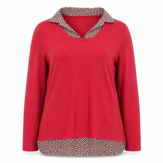 Front view of Voulez Vous women’s red collared geometric trim long sleeve blouse, size UK 12