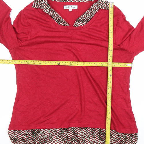 Voulez Vous Womens Red Collared Geometric Trim Long Sleeve Blouse Size 12