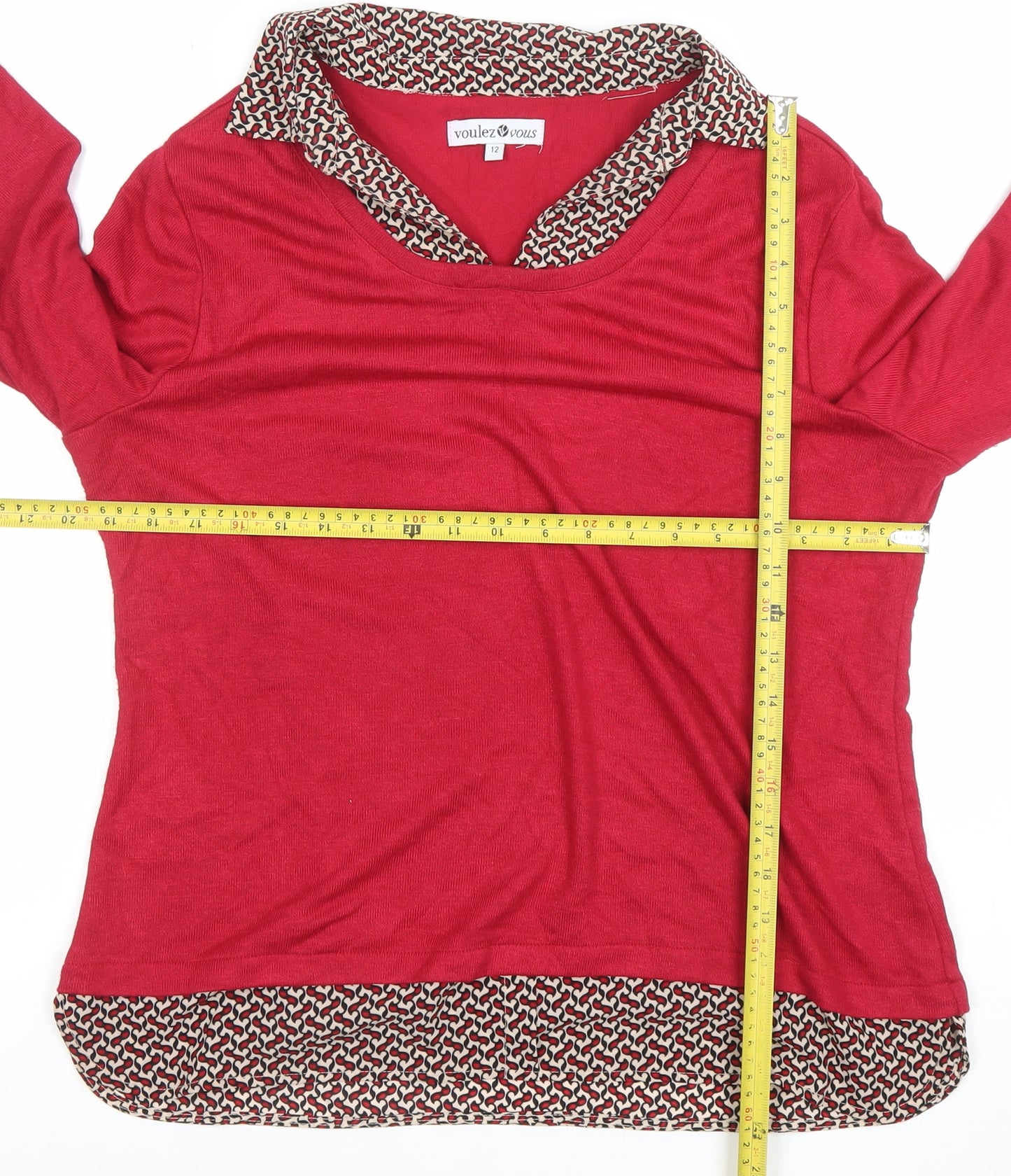 Voulez Vous Womens Red Collared Geometric Trim Long Sleeve Blouse Size 12