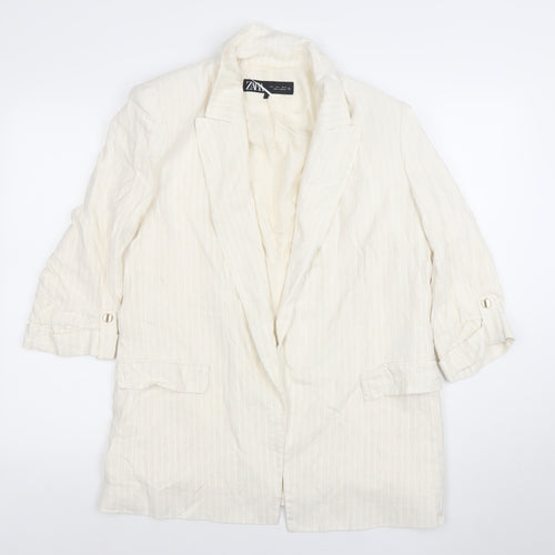 ZARA Women Ivory Linen Blend 3/4 Sleeve Blazer Jacket L Single-Breasted