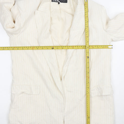 ZARA Women Ivory Linen Blend 3/4 Sleeve Blazer Jacket L Single-Breasted