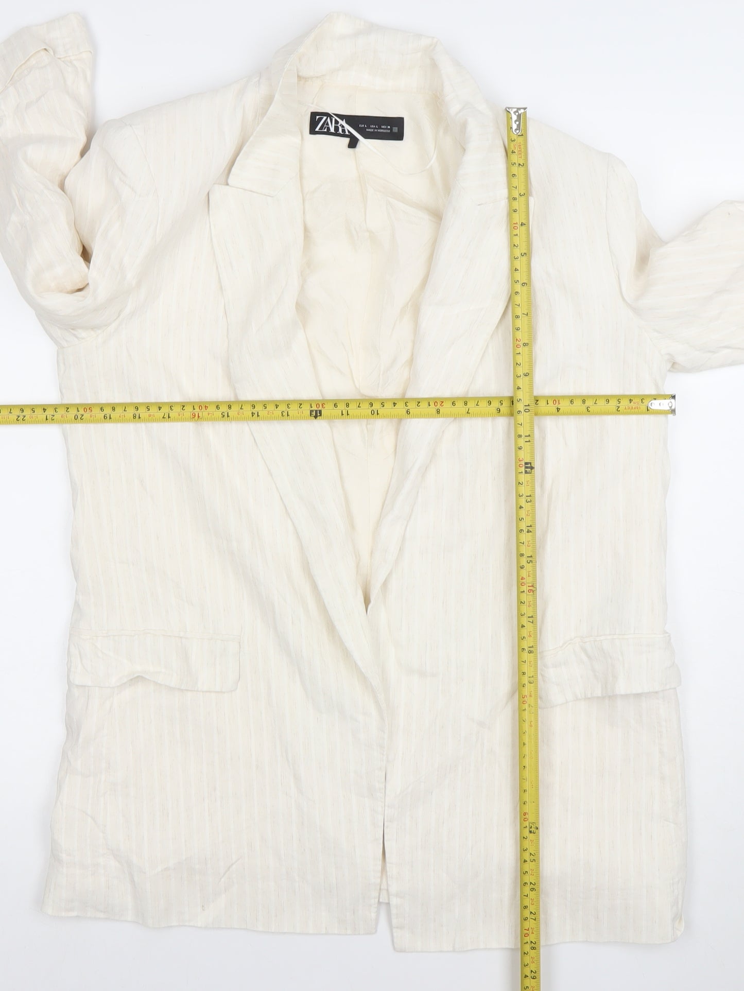 ZARA Women Ivory Linen Blend 3/4 Sleeve Blazer Jacket L Single-Breasted