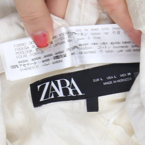 ZARA Women Ivory Linen Blend 3/4 Sleeve Blazer Jacket L Single-Breasted