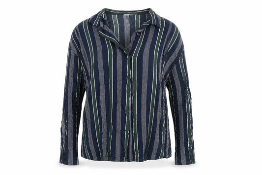 Front view of Mango Women’s Blue Striped Long Sleeve Button-Up Shirt, size UK 12