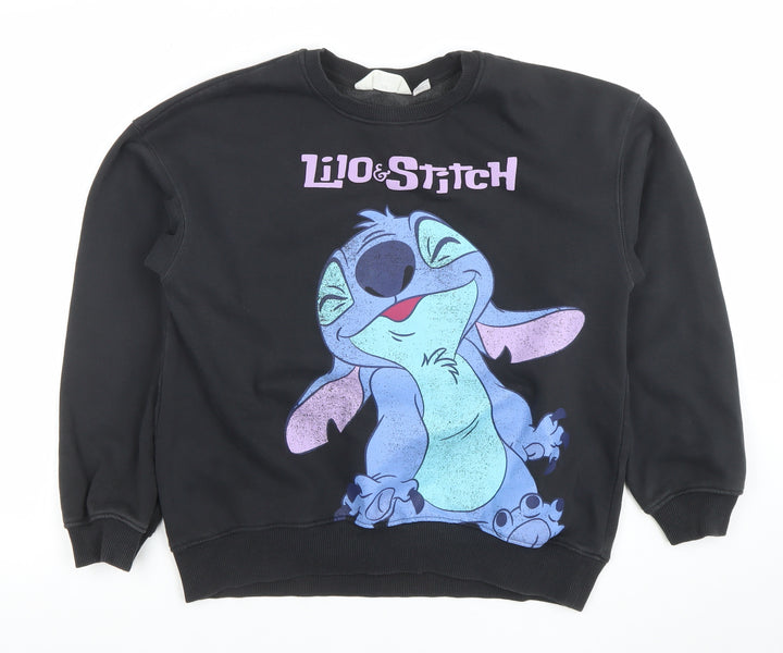 H&M Girls Black Lilo & Stitch Graphic Pullover Sweatshirt 10-12 Years
