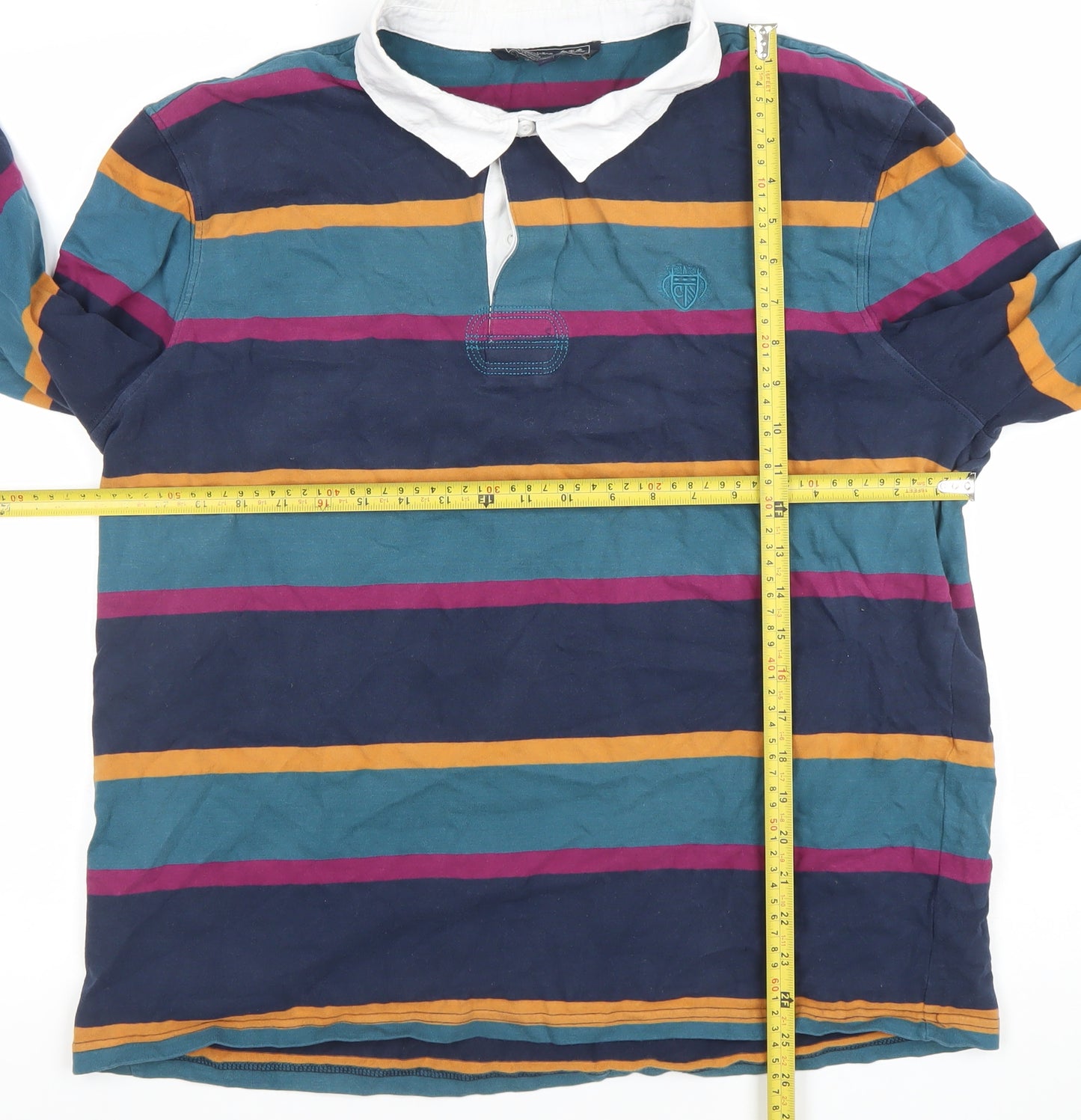 Paul Costelloe Men's Multicoloured Striped Long Sleeve Polo Shirt XL Cotton