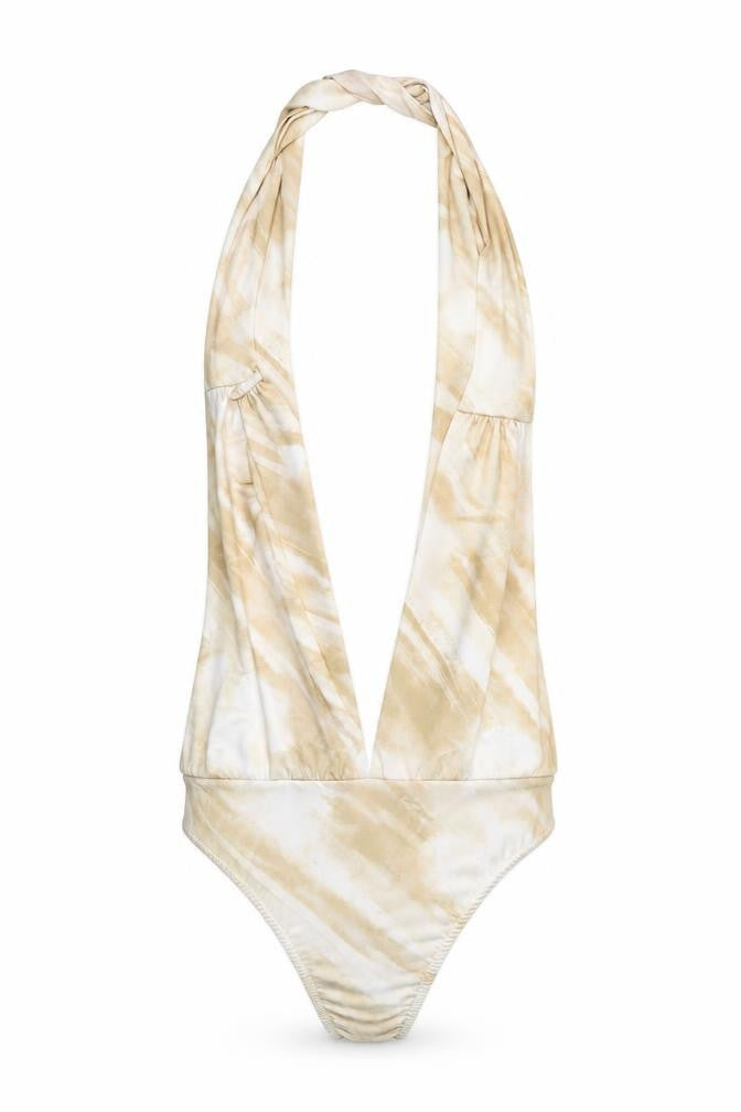 Front view of Boohoo women’s beige tie dye halter bodysuit, size UK 10