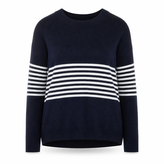 Front view of The White Company Women Blue Striped Knit Jumper UK 6 Pullover