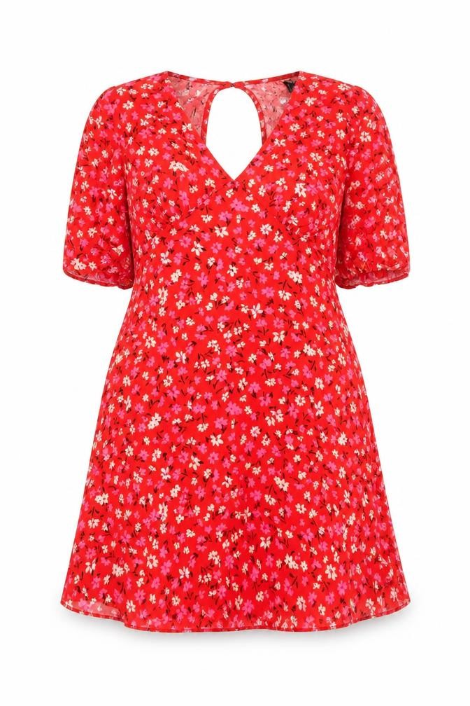 Me Me X Women Red Floral V-Neck A-Line Short Dress Size 12