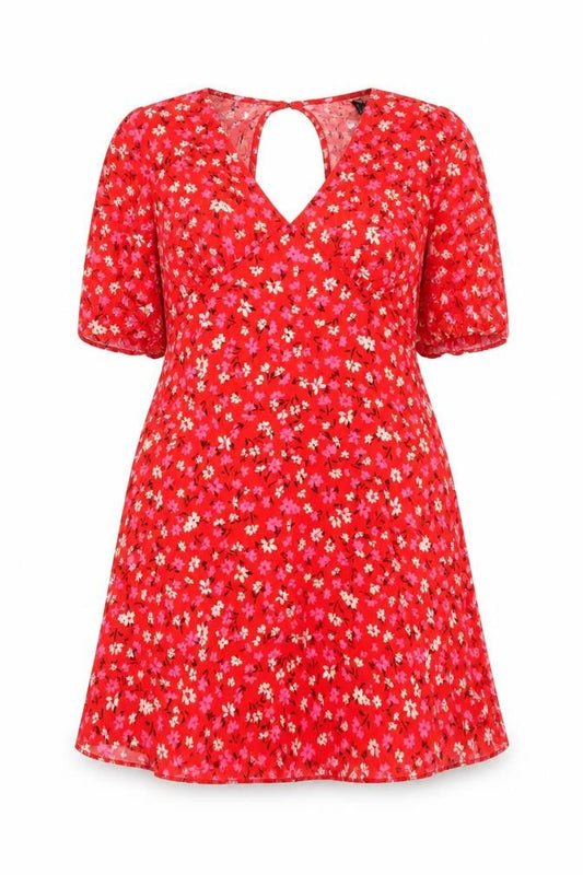 Front view of Me Me X Women Red Floral V-Neck A-Line Short Dress, size 12