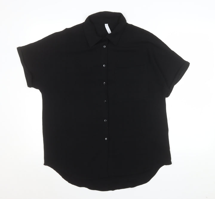 Amisu Womens Black Button-Up Short Sleeve Blouse M