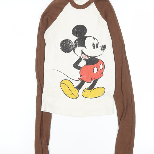 Disney Women Brown Long Sleeve Mickey Mouse Cotton T-Shirt XS