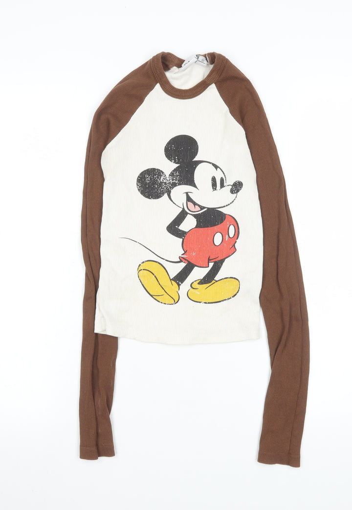 Disney Women Brown Long Sleeve Mickey Mouse Cotton T-Shirt XS